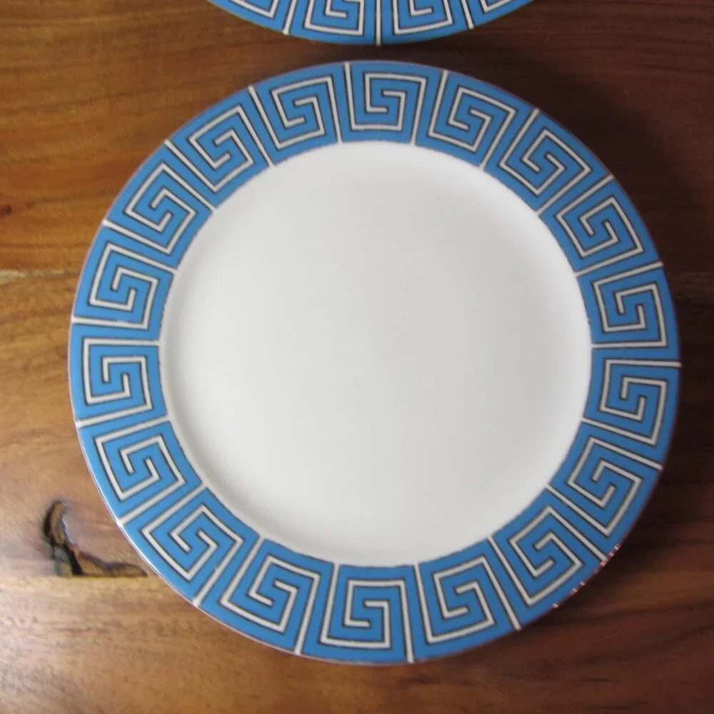Jonathan Adler silver & blue greek key salad plates - pair of 2 (W5107)